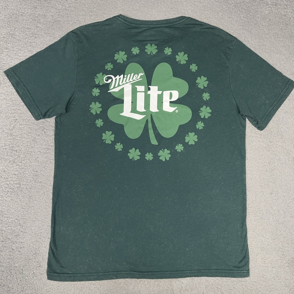 Official Miller Lite St. Patrick's Day T Shirt Men's Sz L Green Logo 2-Side Tee